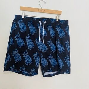 Blue and Black Board Shorts with Tropical Print